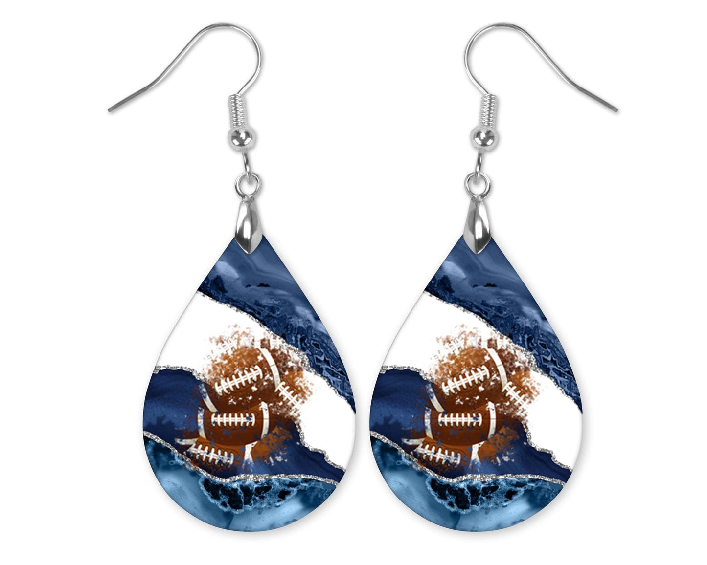 Football Dangle Earrings Blue & White Teardrop MDF Wood Sports School Team Spirit Fan Jewelry Gift for Women Handmade by The Painted Pug (Blue White Silver)