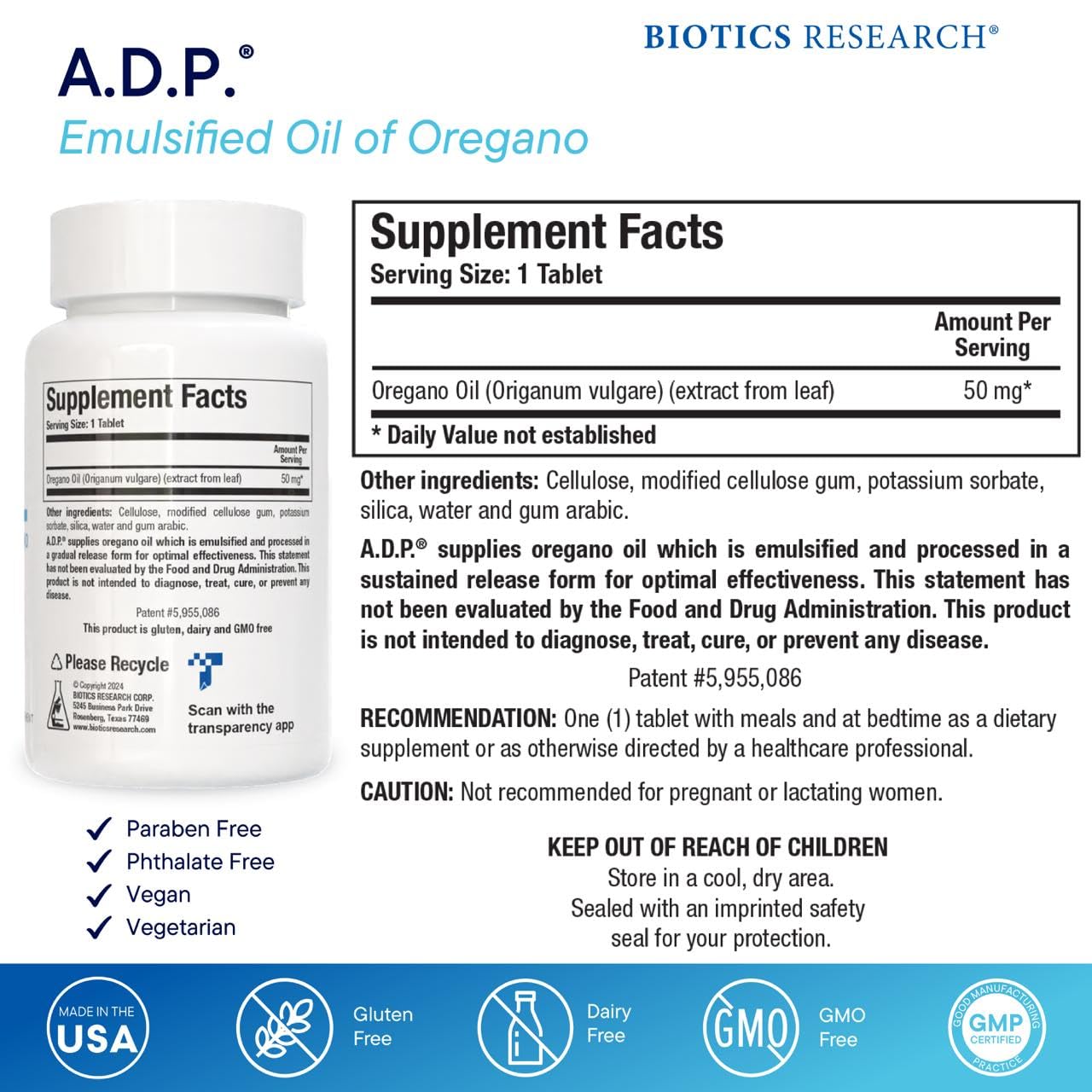 Biotics Research A.D.P. Emulsified Oil of Oregano Tablets for GI Health -Sustained Release for High Absorption Contains Carvacrol, Wild Oregano Oil 50mg/S - Patented Formula -Non GMO –60 Tablets