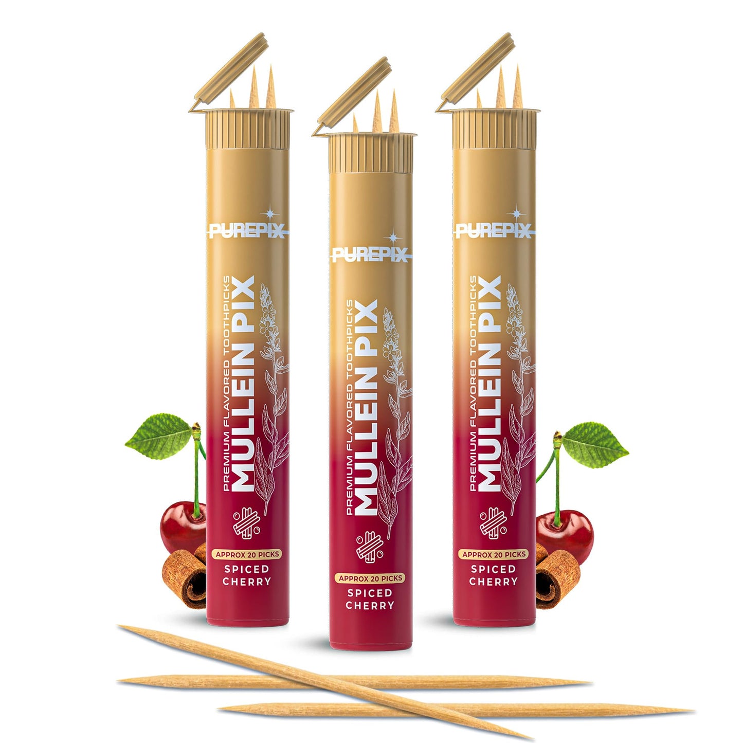 Mullein Pix, Extra Thick Flavored Toothpicks Infused with Mullein Leaf, Natural Quit Smoking Alternative, Lung Cleanse Support, Nicotine Free, Kosher Vegan, Made in The USA (Spiced Cherry 3 Pack)