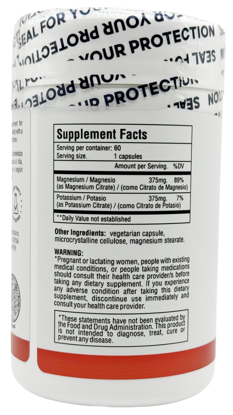 Magnesium Citrate + Potassium 60 Premium Vegan Capsules(Citrate 375 mg) + (375mg Potassium) Non GMO, Gluten Free - High Absorption Supplement Made in USA