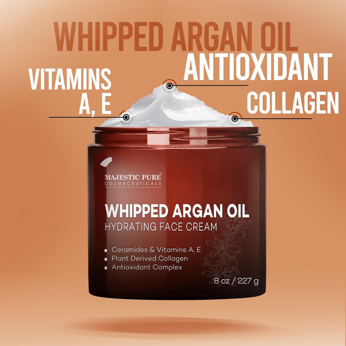 Majestic Pure Whipped Argan Oil Moisturizer Face Cream for Women & Men - With Vitamin E A, Collagen & Ceramides - Hydrates Dry Skin, Oily Skin, Reduces Appearance of Fine Lines – 8oz