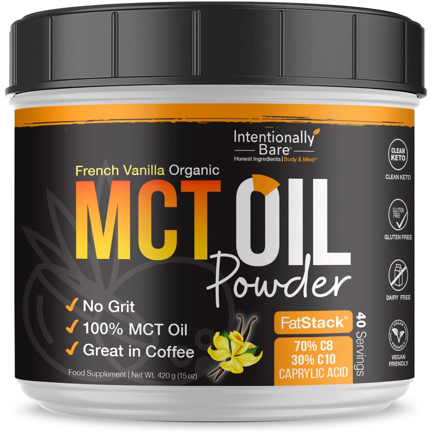 Intentionally Bare MCT Oil Powder French Vanilla MCT Coffee Creamer - C8 MCT Oil Powder for Energy & Metabolism - No Grit Keto Energy Blend Excellent in Baking, Shakes & Creamer for Coffee - 40 Ser