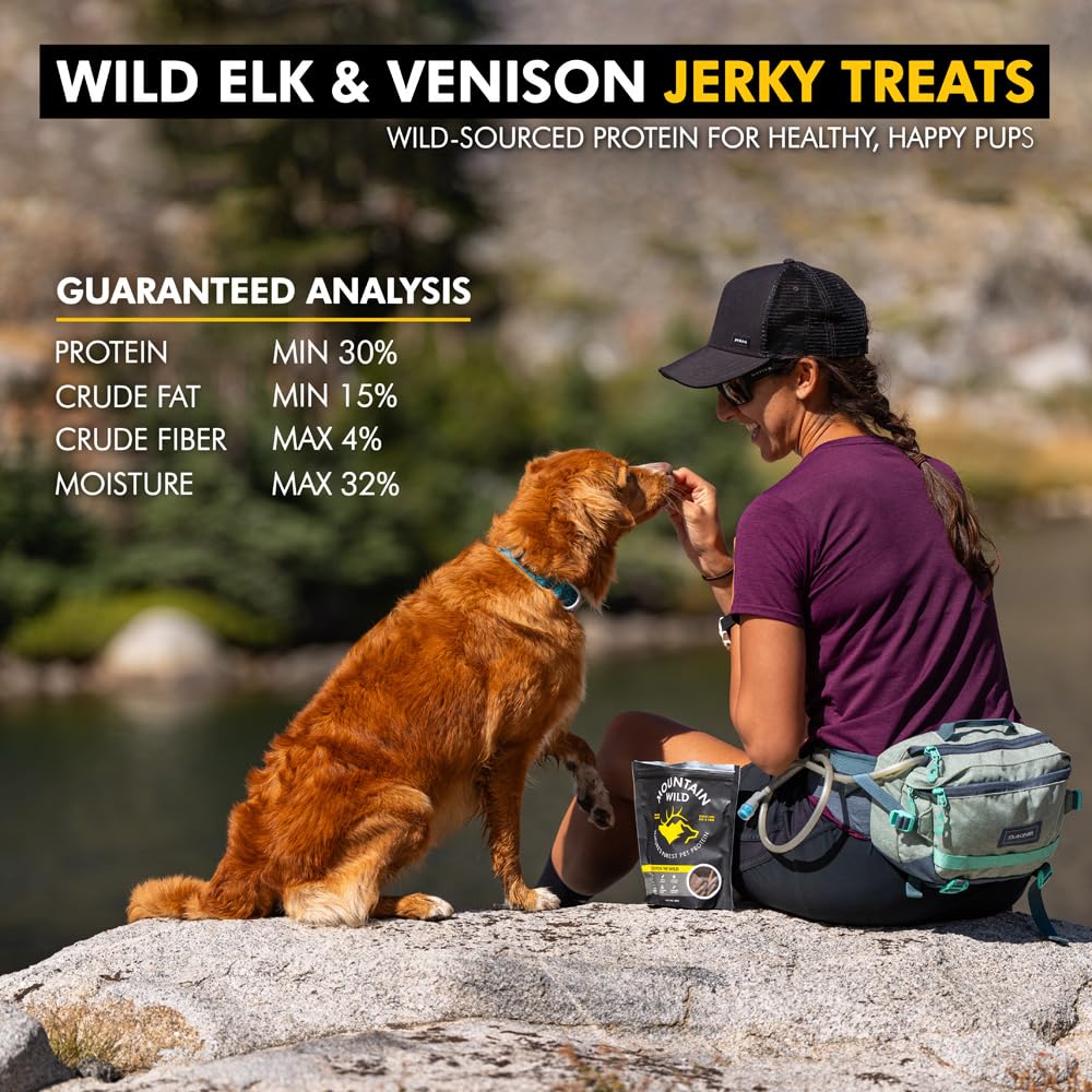 MOUNTAIN WILD Venison Jerky Training Treats for Dogs – Elk & Deer Meat Protein Dog Treat High-Value Reward – All-Natural, No Fillers, Grain-Free, No Preservatives – 8 oz (2 Pack)