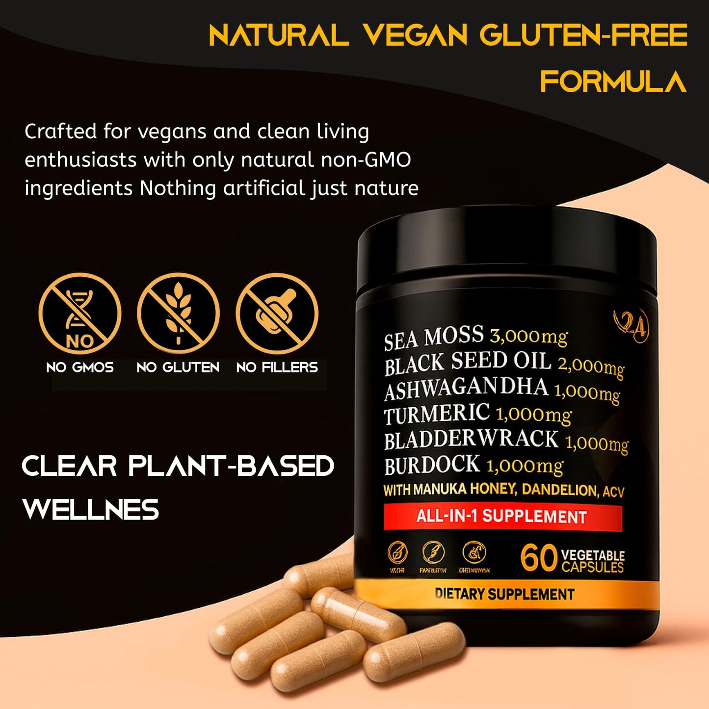 AZ ApexZone Sea Moss Capsules - Health Supplements - True Seamoss Black Seed Oil Ashwagandha Burdock Root, Tumeric Supplement with Manuka Honey, Dandelion Root ACV - 60 Capsules