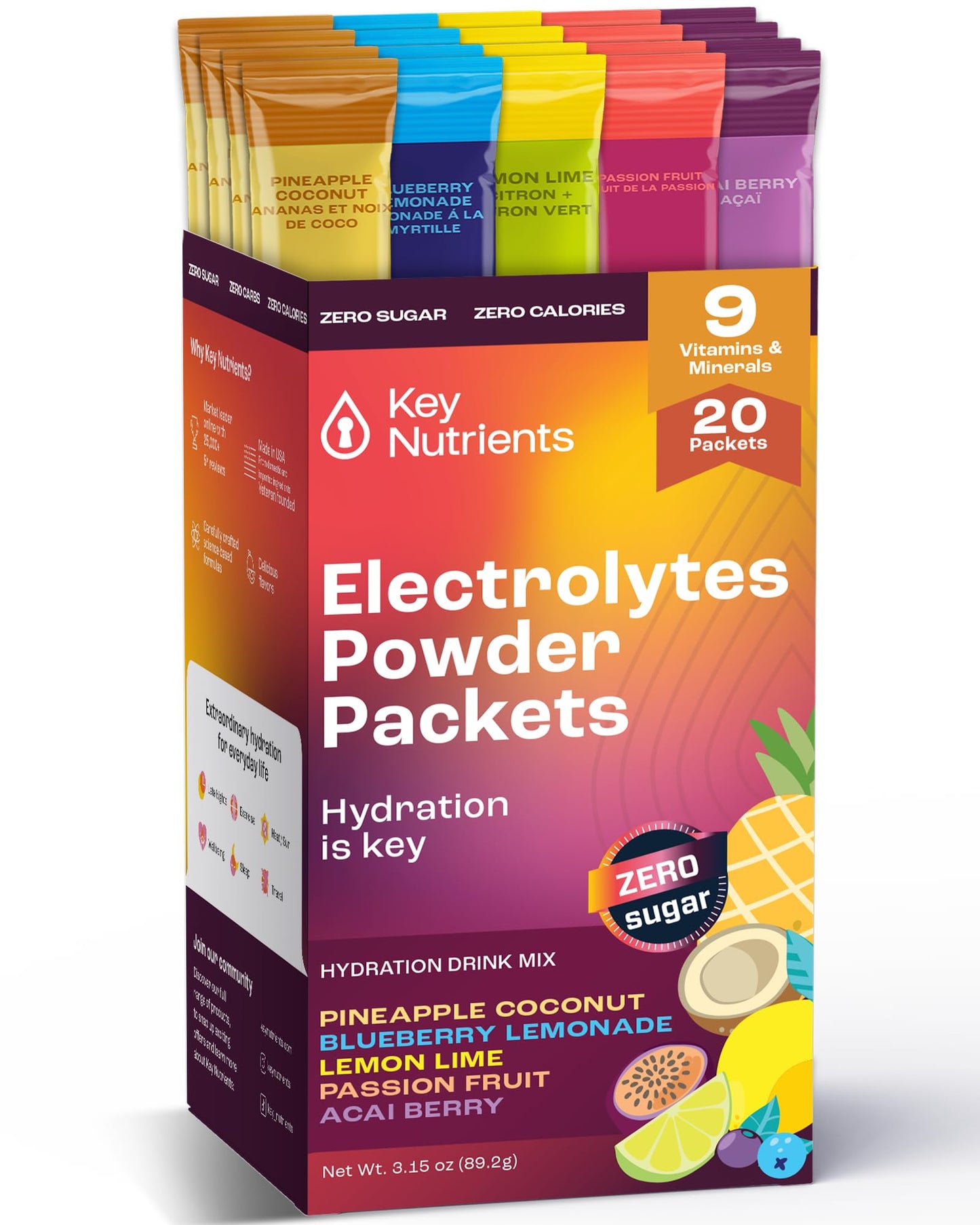 KEY NUTRIENTS Electrolytes Powder Packets No Sugar - 5 Delicious Flavors in Hydration Packets 20 Pack - No Calories, Gluten Free Electrolytes Powder Packets, Non GMO, Made in USA
