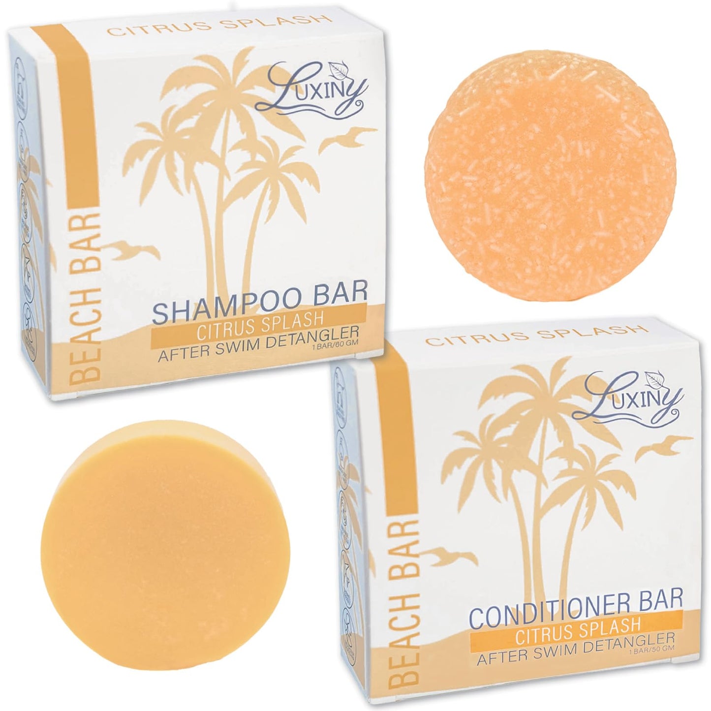 Luxiny Shampoo and Conditioner Bar Set - Sulfate Free, Moisturizing, All Hair Types (Citrus Splash) - 1 Shampoo Bar, 60g & 1 Conditioner Bar, 50g - Made in USA