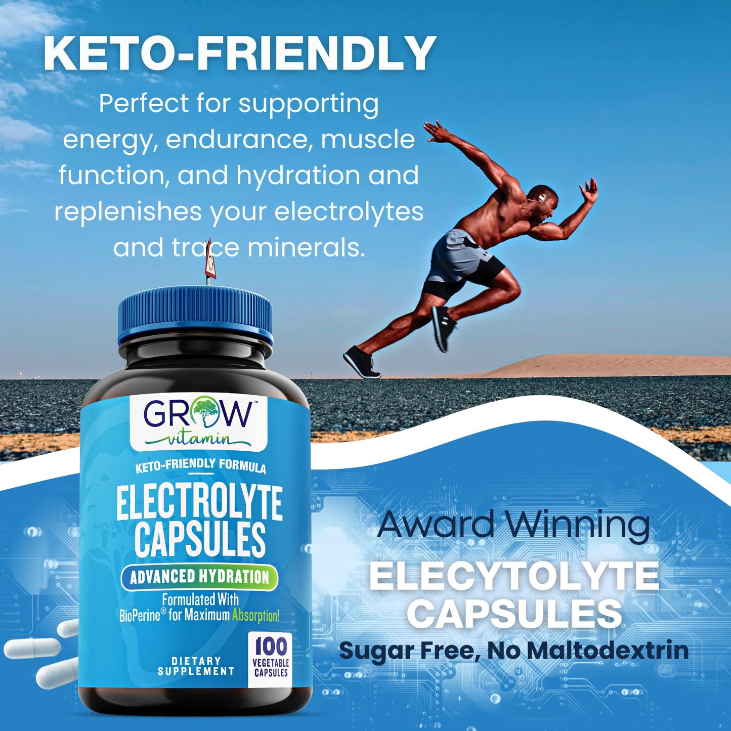 grow vitamin Electrolyte Capsules β Sugar-Free Electrolyte Tablets for Energy, Endurance & Hydration. Keto-Friendly Salt Pills, No Maltodextrin. Perfect for Fitness & Daily Hydration β 100 Caps