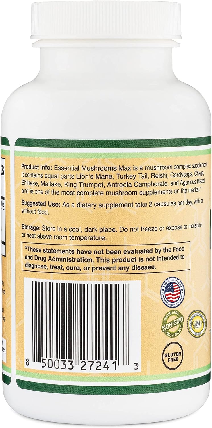 Double Wood Supplements Mushroom Complex Supplement - 1,000mg - 10 Most Essential Mushrooms (Lion's Mane, Reishi, Cordyceps, and More), 120 Capsules
