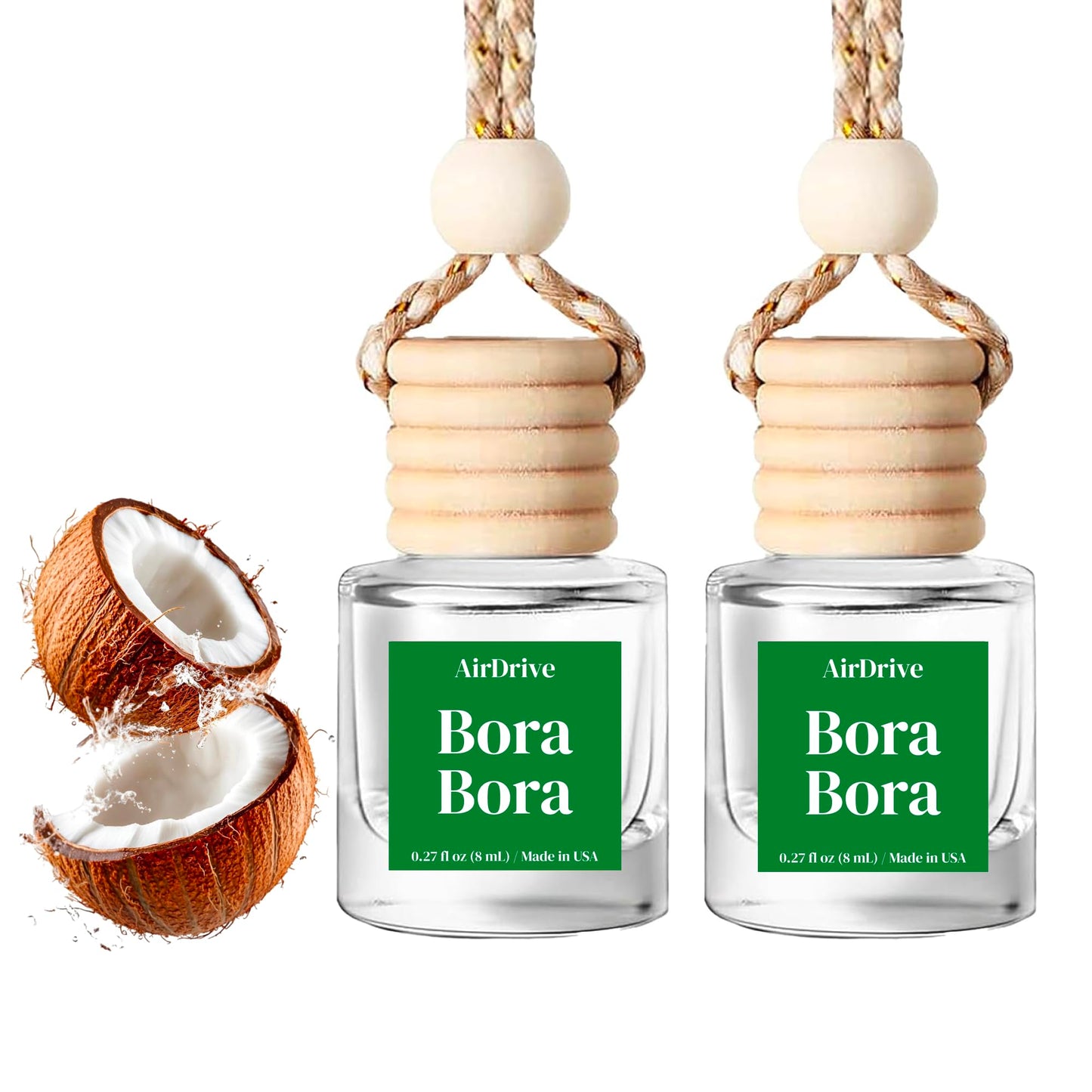 Car Air Freshener Bora Bora 2 Pack – Tropical Aroma Diffuser, Long-Lasting Coconut & Citrus Hanging Oil Diffuser with Wooden Cap, Non-Toxic Car Air Freshener For Women, Made in USA