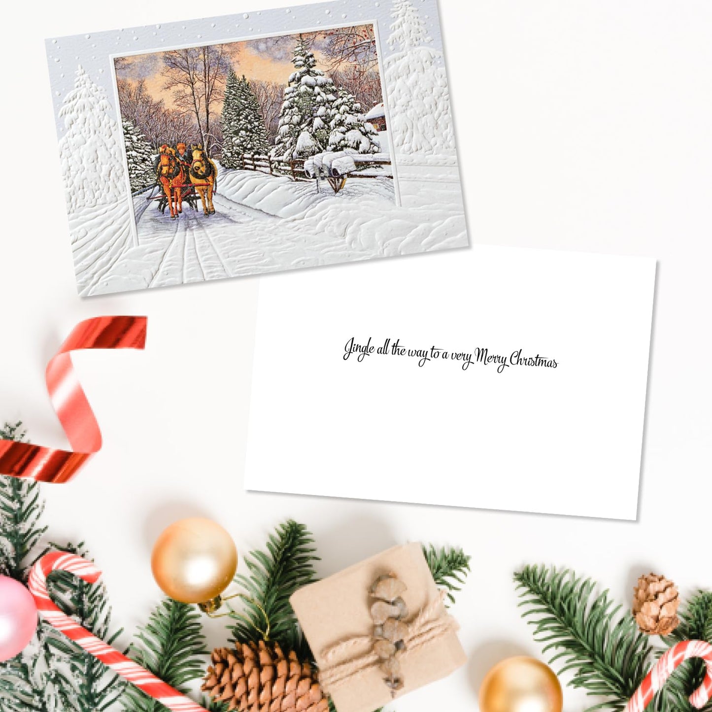 Pumpernickel Press Embossed Christmas Greeting Cards Boxed Set – Jingle Bell Ride, 16 Count. Made in USA