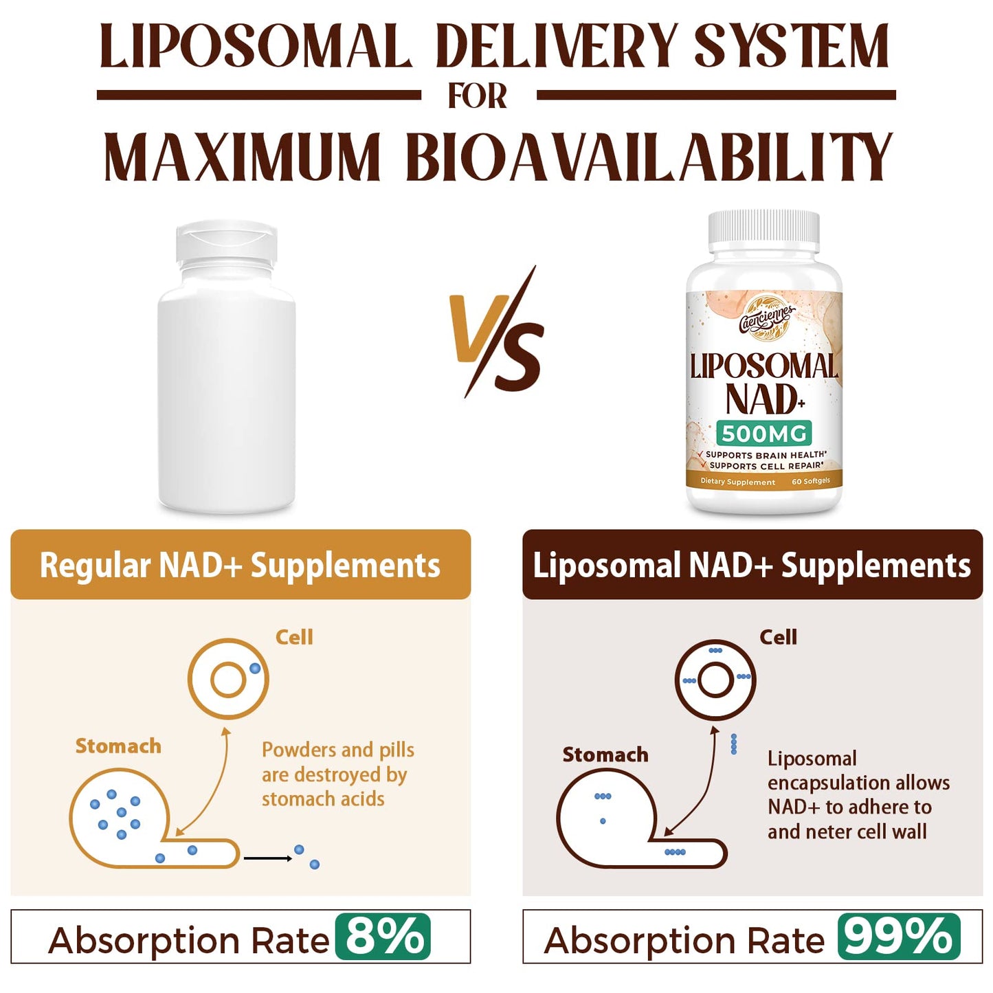 Liposomal NAD+ 500 MG Supplement, True NAD Plus Supplement, Superior Absorption, Boost NAD+ More Efficient Than Nicotinamide Riboside for Cellular Energy, Healthy Aging, 60 Serving