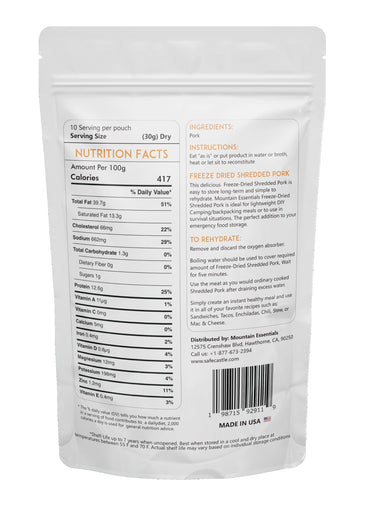 MOUNTAIN ESSENTIALS Freeze Dried Fully Cooked Shredded Pork with 7 Year Shelf Life, 10 Servings Ideal for Camping, Emergency Preparedness and Survival Meals | High Protein Made in USA