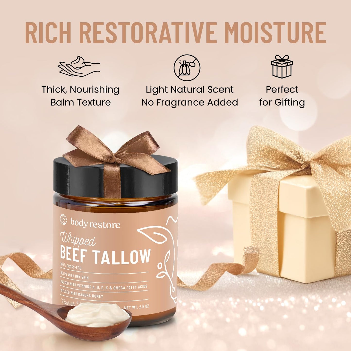 Body Restore Grass Fed Whipped Beef Tallow for Skin, Face, Body, Dry Skin - with Manuka Honey, Jojoba Oil, Birthday Gifts for Women, Men, Travel Essentials, Self Care - Unscented