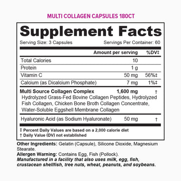 Multi Collagen Peptides Capsules for Women - Hydrolyzed Collagen for Women Pills with Types I II III V & X Plus Vitamin C & Hyaluronic Acid for Beautiful Hair Skin and Nails - 60 Servings