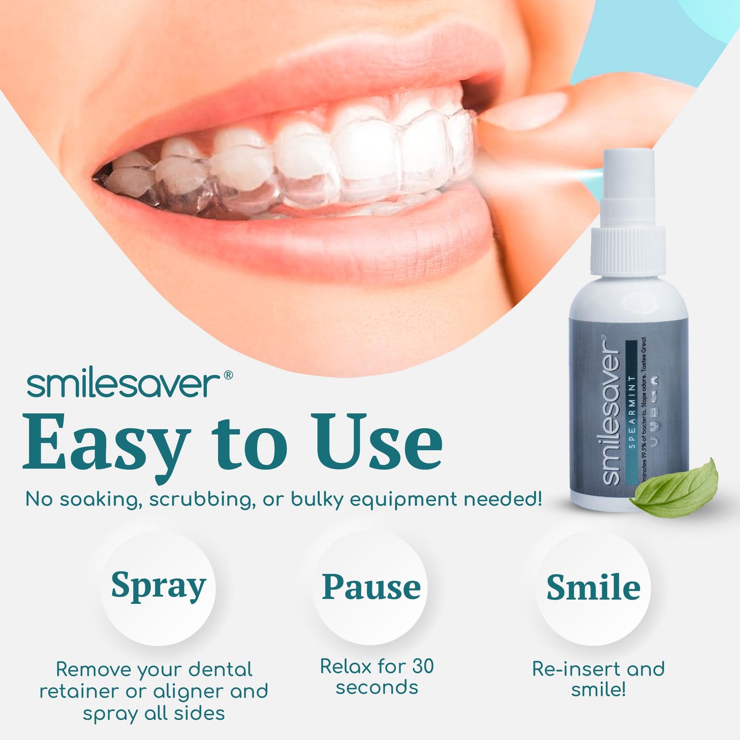 Smilesaver Retainer Cleaner Spray – Clear Aligner, Mouth Guard, and Denture Cleaner – Quick Oral Care for Aligner & Retainer Hygiene – Natural, Portable & Minty Fresh Oral Care Products (2oz)