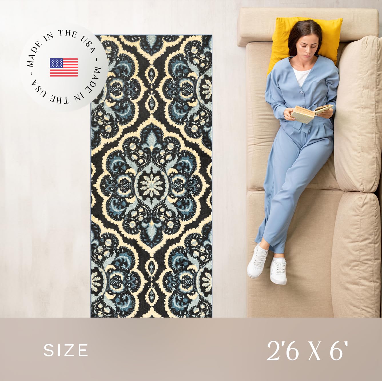 Maples Rugs Vivian Medallion Runner Rug - Made in USA - Washable, Non Slip, Indoor Carpet for Hallway, Kitchen, and Laundry Room, 2'6 x 6', Persian Blue
