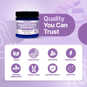 MIGRASTIL Nighttime Lavender Magnesium Cream & Non-Greasy Body Lotion. Extra Strength 250mg Magnesium Chloride for Muscle Relief, Leg Cramps, Relaxation and Sweet Sleep. Vegan, Made in the USA.