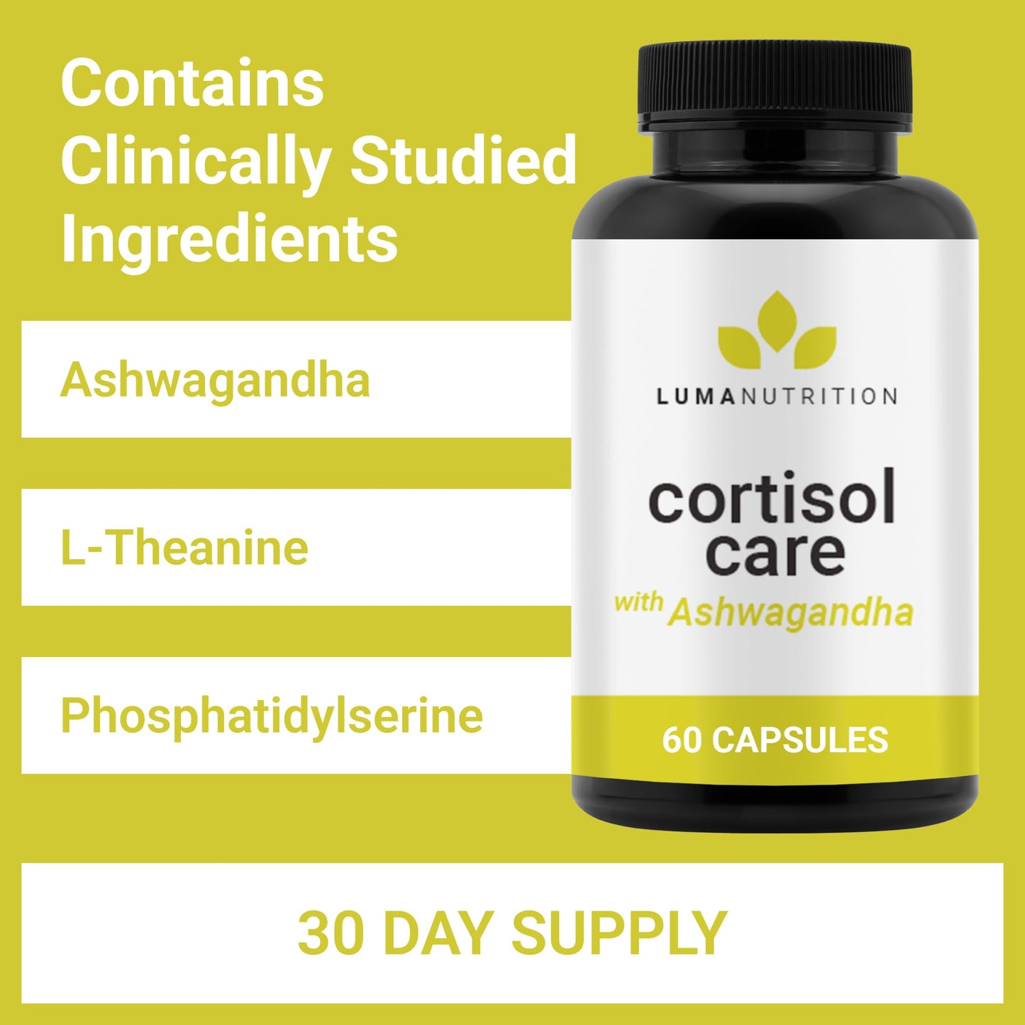 Luma Nutrition Cortisol Reducer and Manager - Ashwagandha + L-Theanine - Cortisol Supplements for Women and Men - Stress Relief, Restful Sleep, Detox, Lower and Control - 60 Capsules