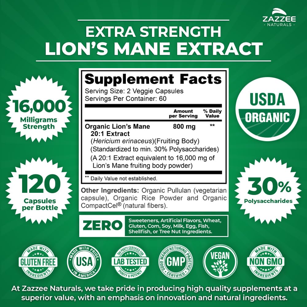 Zazzee USDA Organic Lion's Mane 20:1 Extract, 30% Polysaccharides, 16,000 mg Strength, 120 Vegan Capsules, Nootropic for Brain Health, Focus, Memory, Concentration and Immune Support, Made in The USA