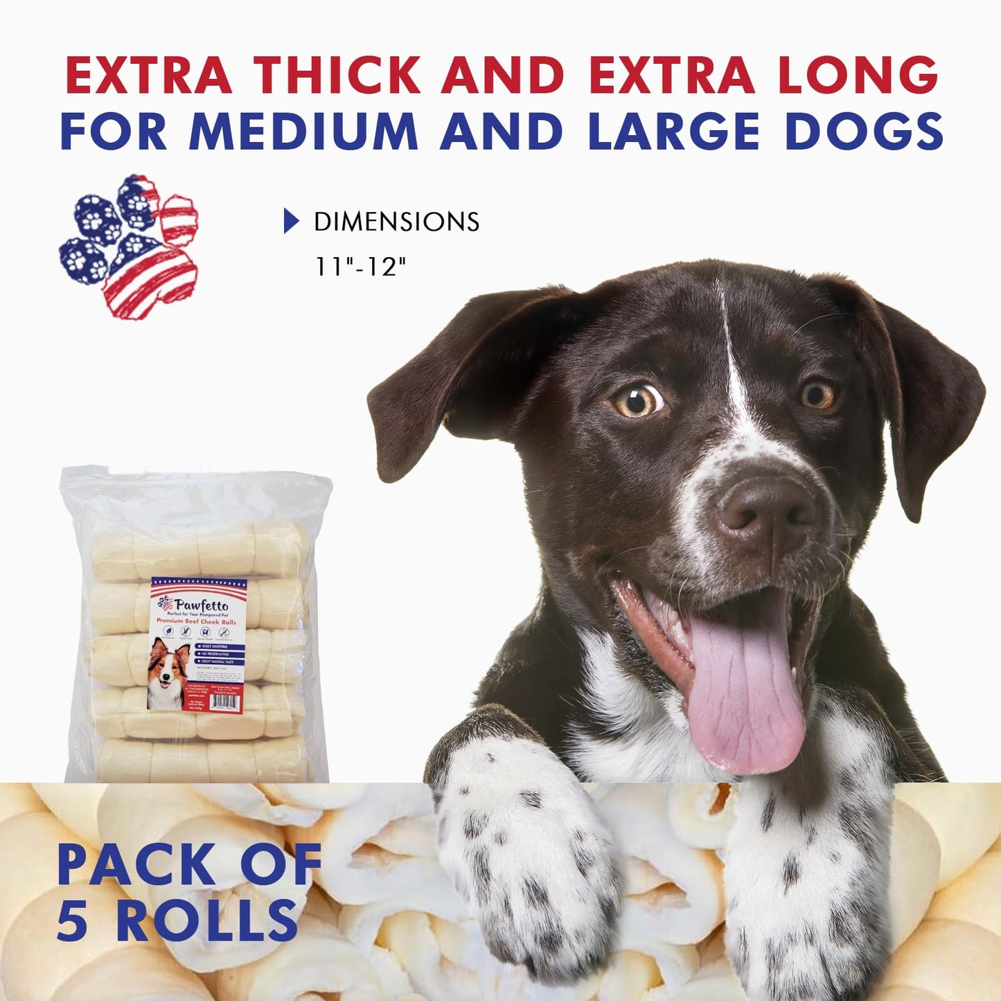 Pawfetto Premium Peanut Butter Flavored Beef Cheek Maxi Rolls for Dogs, No Hide Chews Long Lasting Extra Thick Treats Bones, Collagen Rawhide Alternative 11ā-12ā (Pack of 5)
