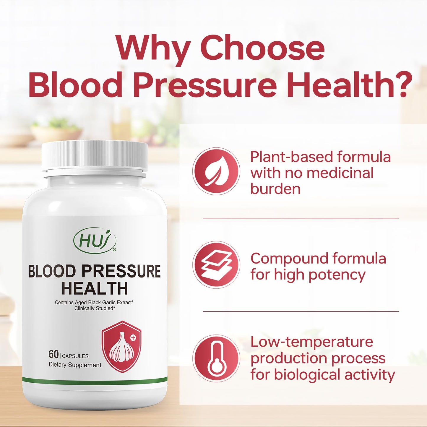 HUJ Blood Pressure Health Supplement, Plant-Based Formula with Black Garlic, Hawthorn, Beetroot, L-Arginine, L-Citrulline, 60 Capsules