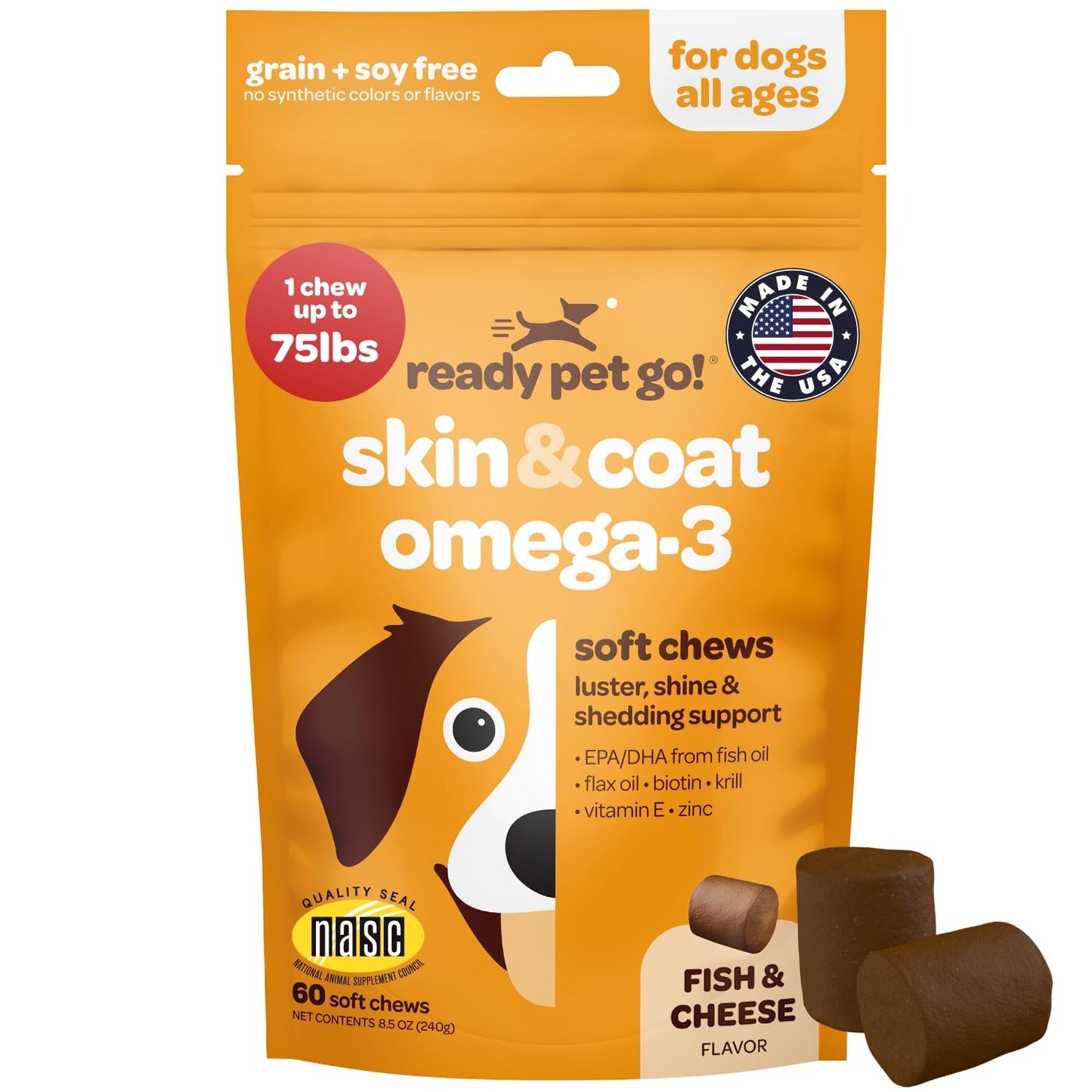 Skin and Coat Supplement for Dogs | Nourishing Omega 3 for Dogs with EPA DHA Krill Oil and Vitamin E | Dog Skin and Coat Supplement | 1 Chew up to 75lbs | NASC Certified & Made in The USA | 60 Chews