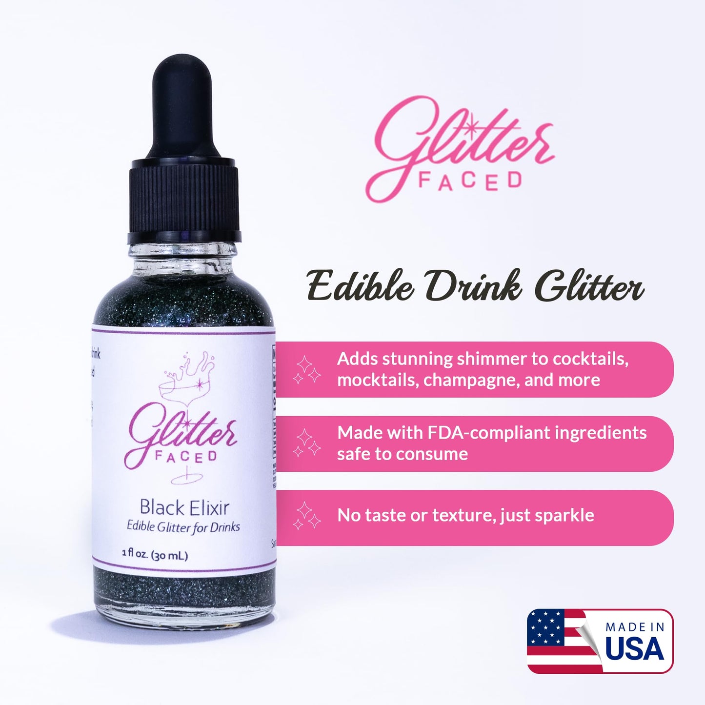 Glitter Faced Black Edible Glitter For Drinks With 0-Calories, No Taste or Texture | 30ml Food-Grade, 30 Drinks, Luster Dust | Ideal for Beverages, Galentine’s, Parties & Events | Made in USA