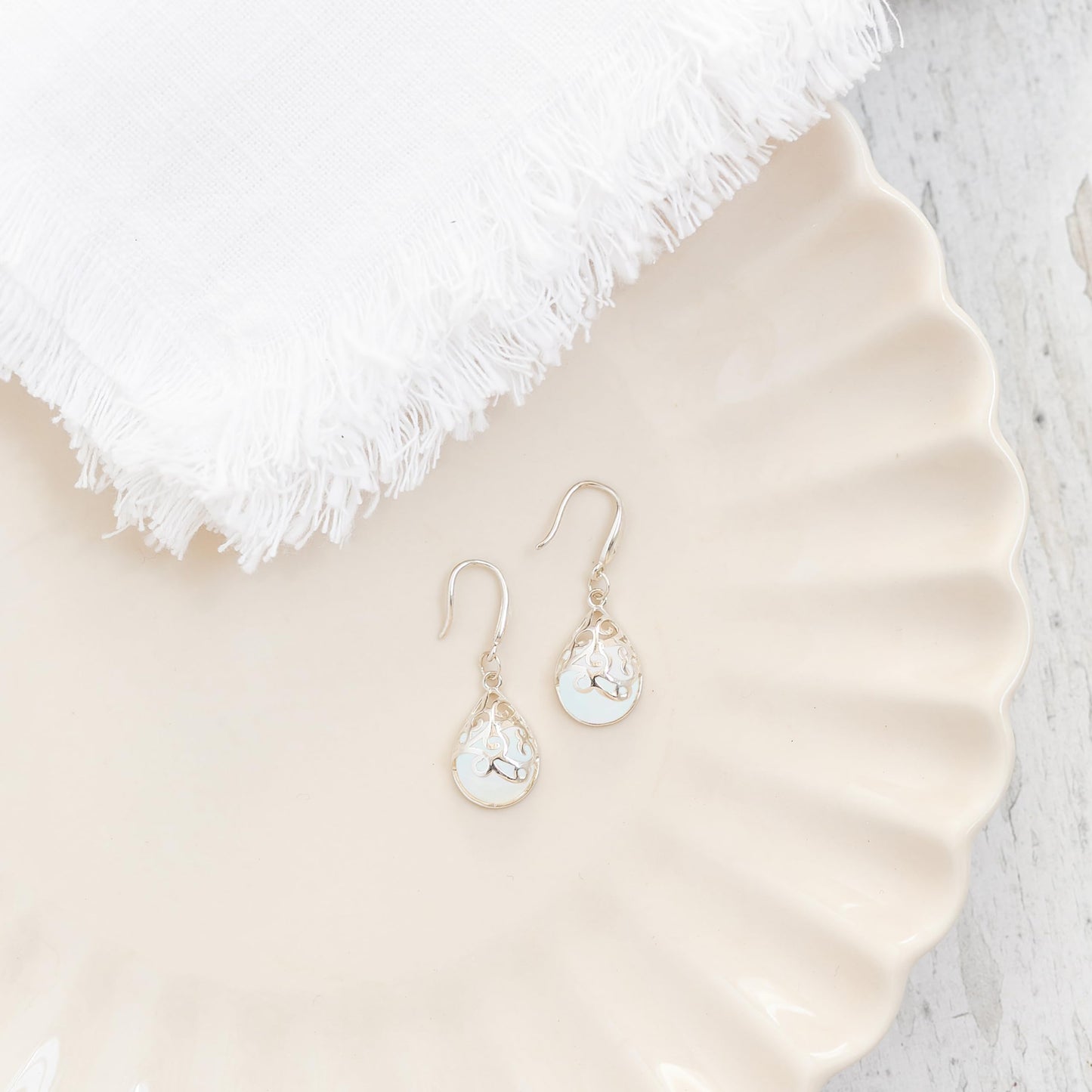 Bottled Up Designs Handmade Filigree Teardrop Earrings, Recycled Vintage Milk Glass, Sterling Silver, Eco Friendly, Made in USA, Mothers Day, Women, Anniversary (White Cold Cream Jar)