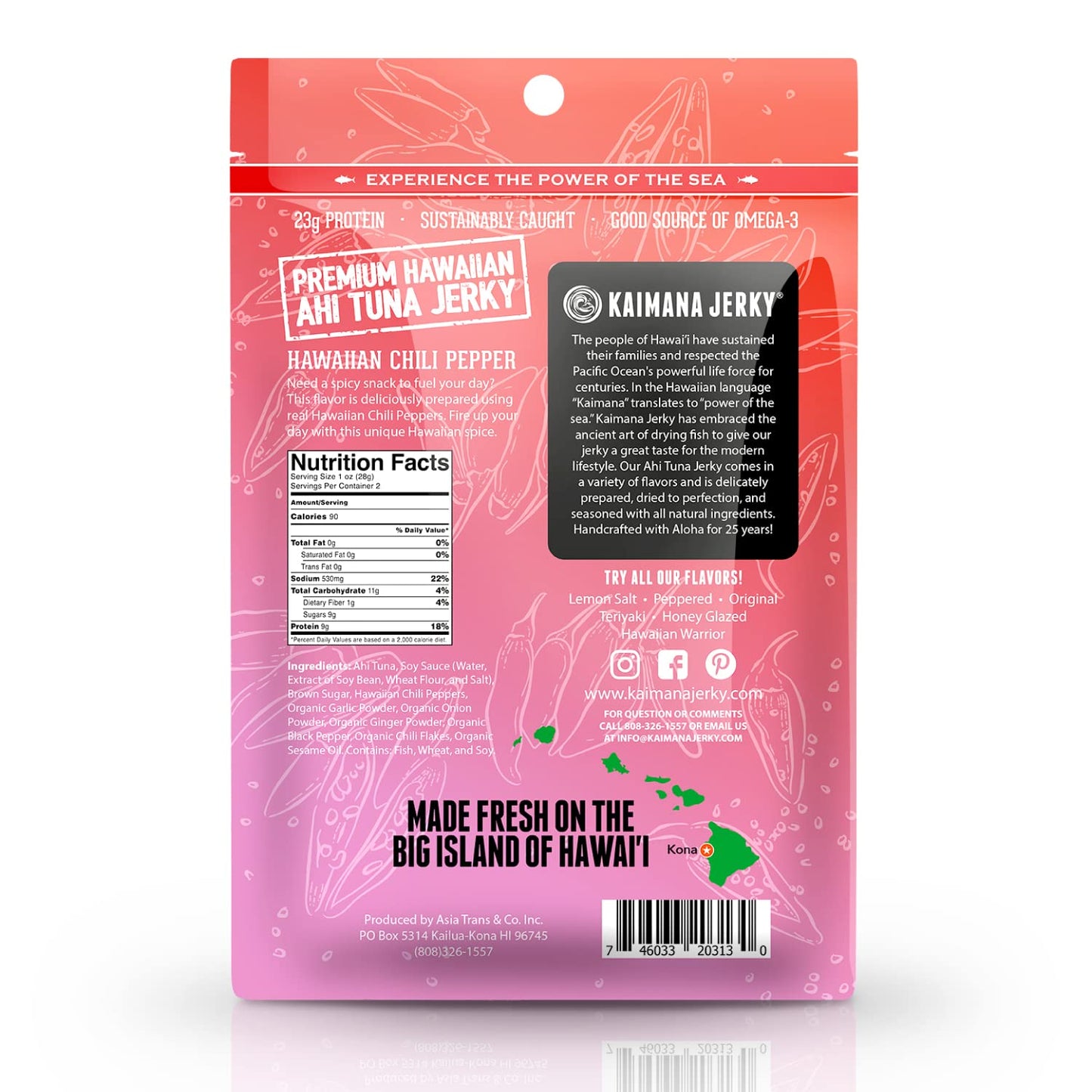 Kaimana Ahi Tuna Jerky Hawaiian Chili Pepper - Soft and Tasty - Premium Fish Jerky Made in the USA. High in Omega 3's, All Natural and Wild Caught - 2 Ounce (Pack of 3)