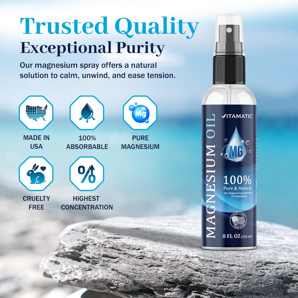 Vitamatic Pure Magnesium Oil Spray - 8 OZ - USP Grade Magnesium Spray, No Unhealthy Trace Minerals