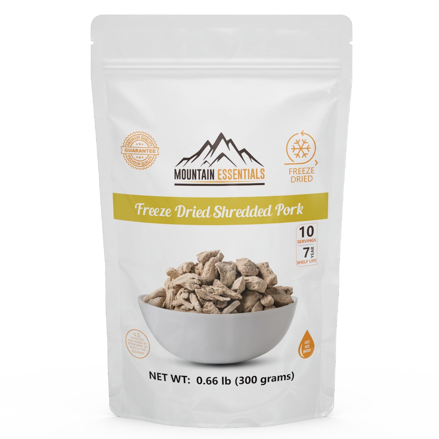 MOUNTAIN ESSENTIALS Freeze Dried Fully Cooked Shredded Pork with 7 Year Shelf Life, 10 Servings Ideal for Camping, Emergency Preparedness and Survival Meals | High Protein Made in USA