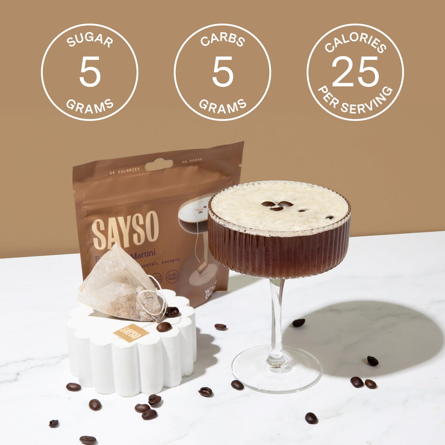 SAYSO: Espresso Martini Instant Cocktail Tea Bags | Infuses with Cold Water & Spirits for a Premium Craft Cocktail or Mocktail (25 Calories, 5g Sugar), 8-Pack