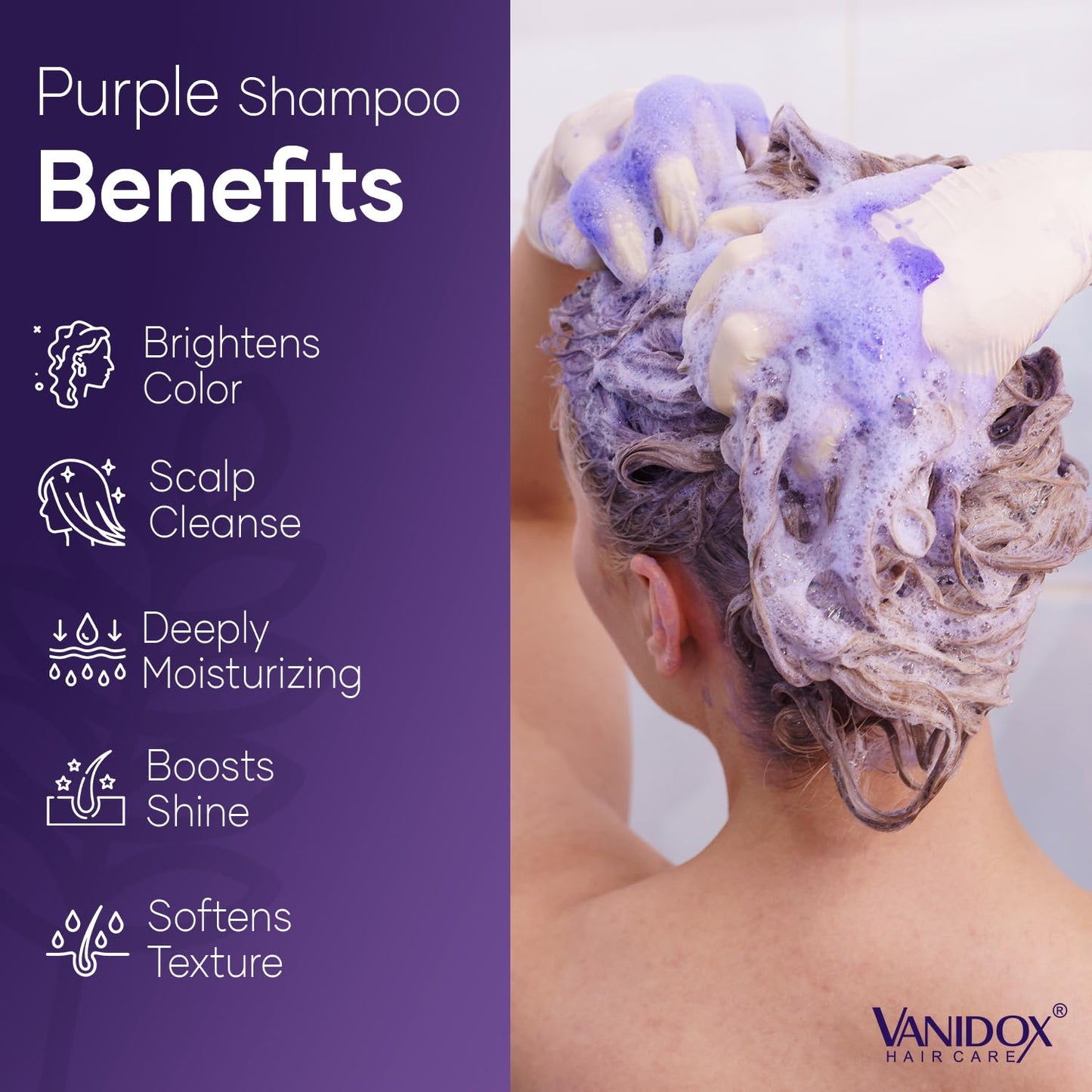 VANIDOX Brass Toning Purple Shampoo for Grey and Silver Hair, Infused with Purple Pigment, Sulfate Free Shampoo for Gray and Silver Hair (16 fl oz)