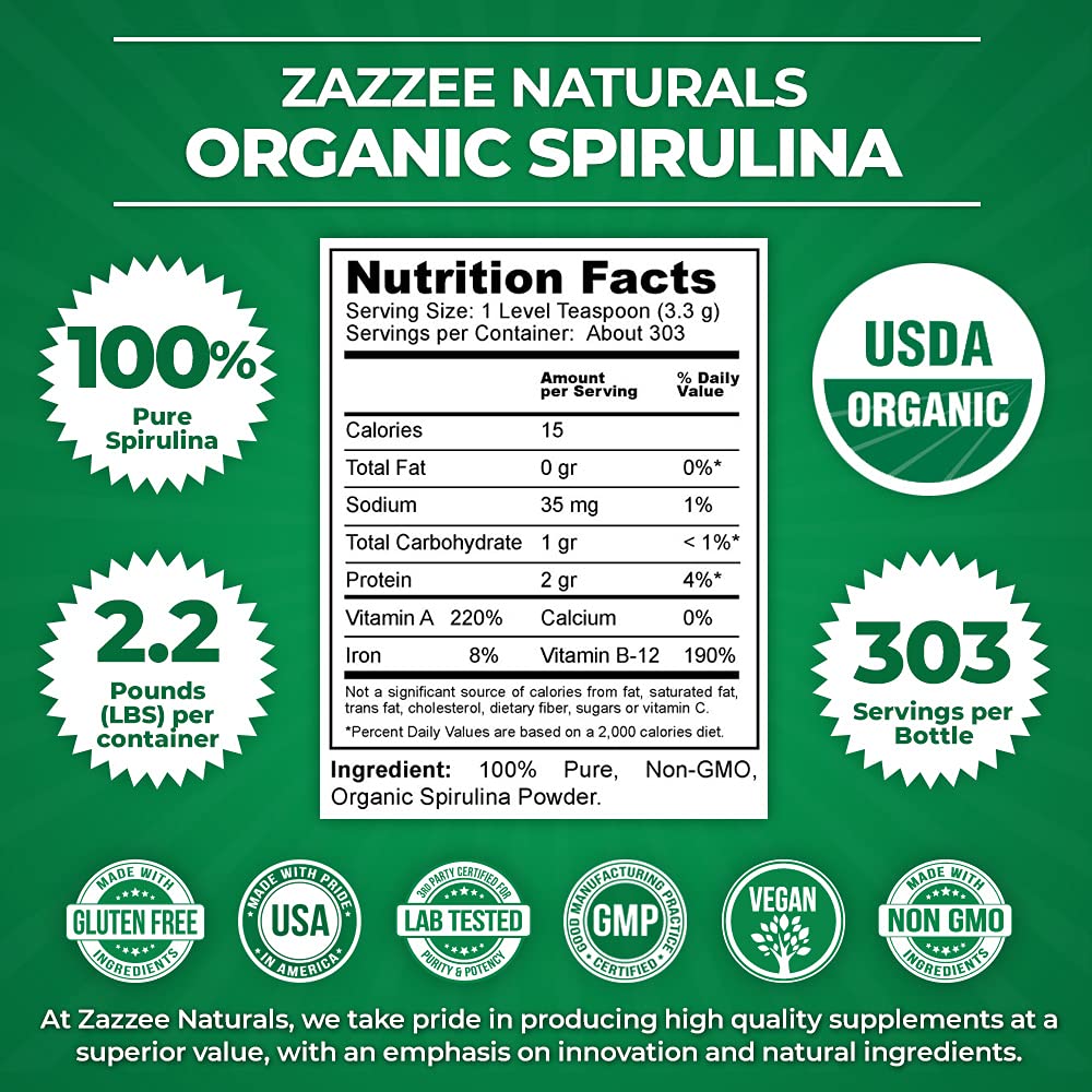Zazzee Organic Spirulina Powder, 2.2 Pounds (1 KG), USDA Certified, 303 Servings, 100% Pure, Non-Irradiated, Mess-Free Wide Mouth Container, Fresh Smell and Neutral Taste, Vegan, Non-GMO, Gluten-Free