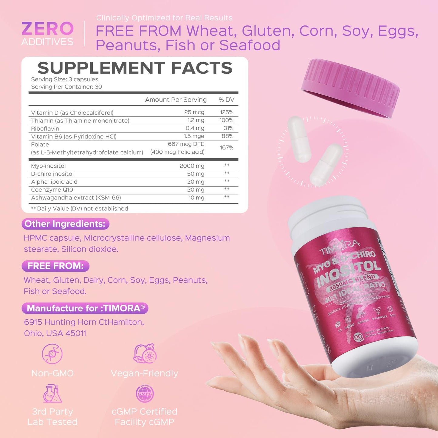 TIMORA 14-in-1 Myo-Inositol & D-Chiro Inositol Supplement for Women, Targeted 40:1 Ratio Plus Folate (5-MTHF) for Regular Cycles, Hormone Balance & Ovarian Support with KSM66 Ashwagandha, Vitamins D3