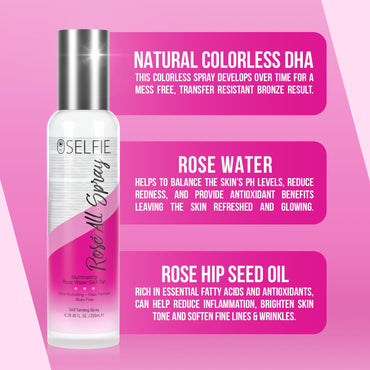 Selfie Glow Sunless Rose All Spray - Rose Water Ultra-Hydrating Self Tanning Spray Aloe Vera for ALL Skin Types