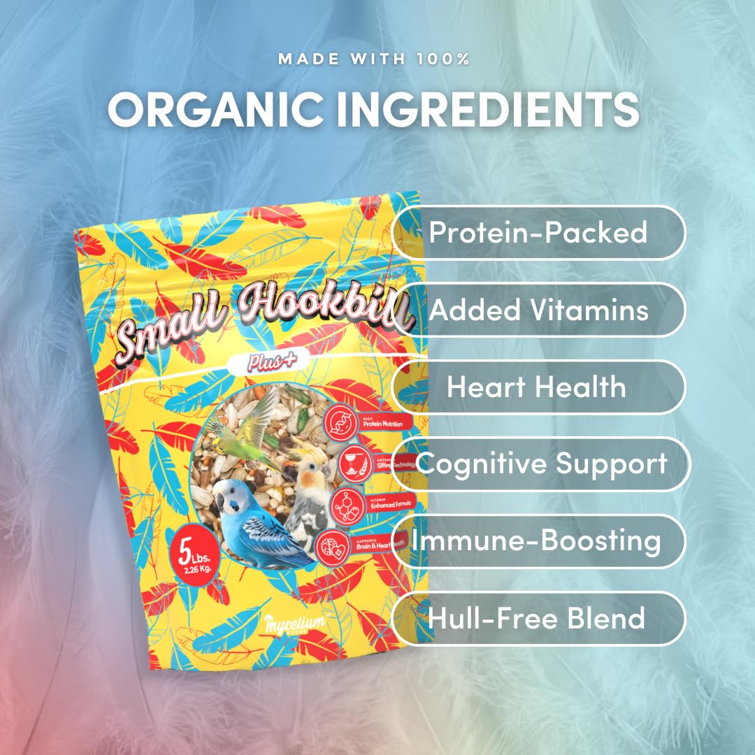 Mycelium Organic Small Hookbill Plus Feed (5 LBS) | High-Protein Bird Food for Parrotlets, Lovebirds, Cockatiels & Conures | Brain & Heart Support | Omega-Rich, Vitamin-Fortified | Non-GMO, USA Made