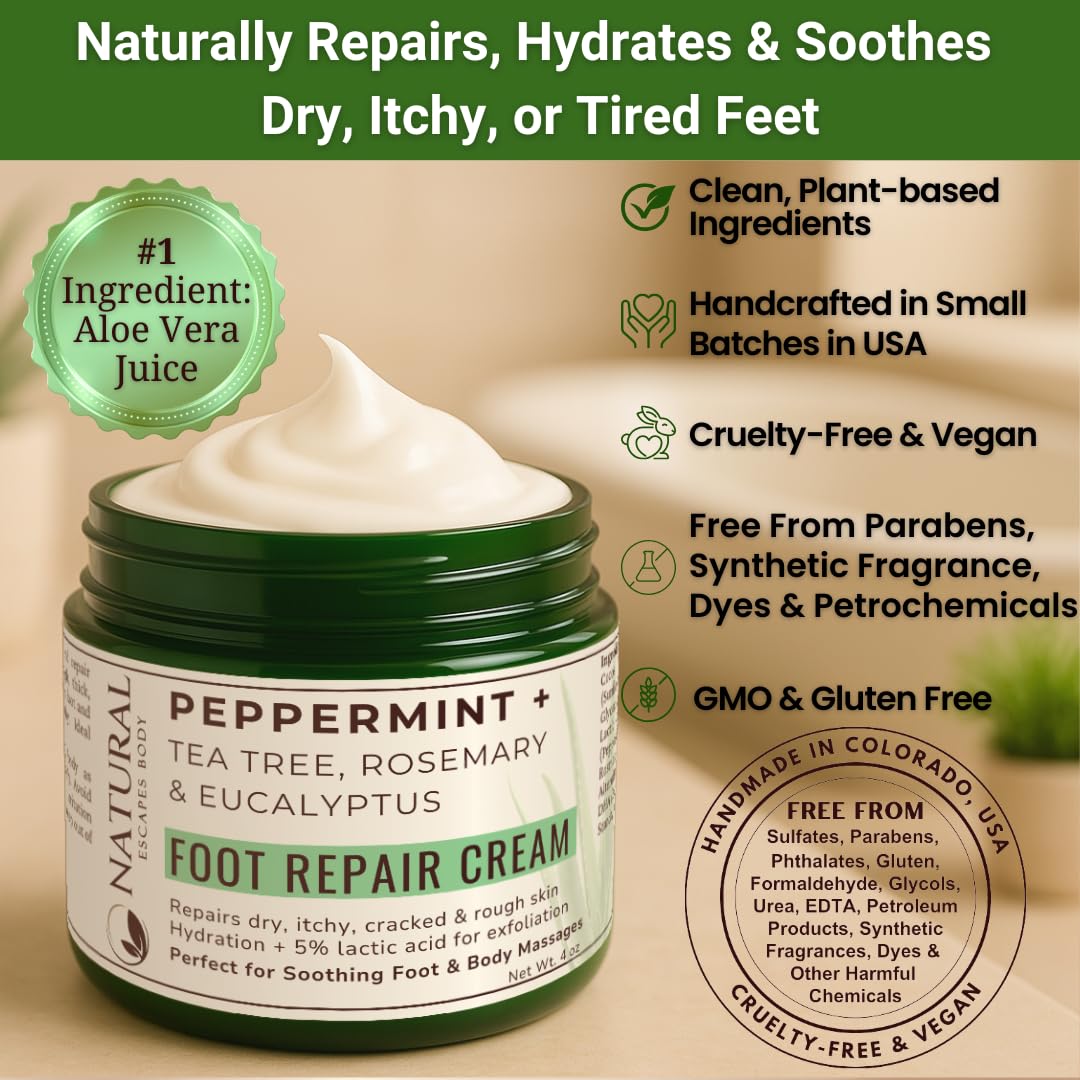 Natural Escapes Peppermint + Rosemary, Eucalyptus & Tea Tree Foot Cream for Dry Cracked Heels and Feet - Moisturizing Foot Lotion for Cracked Heel Repair - Callus Remover with Lactic Acid (4 oz)