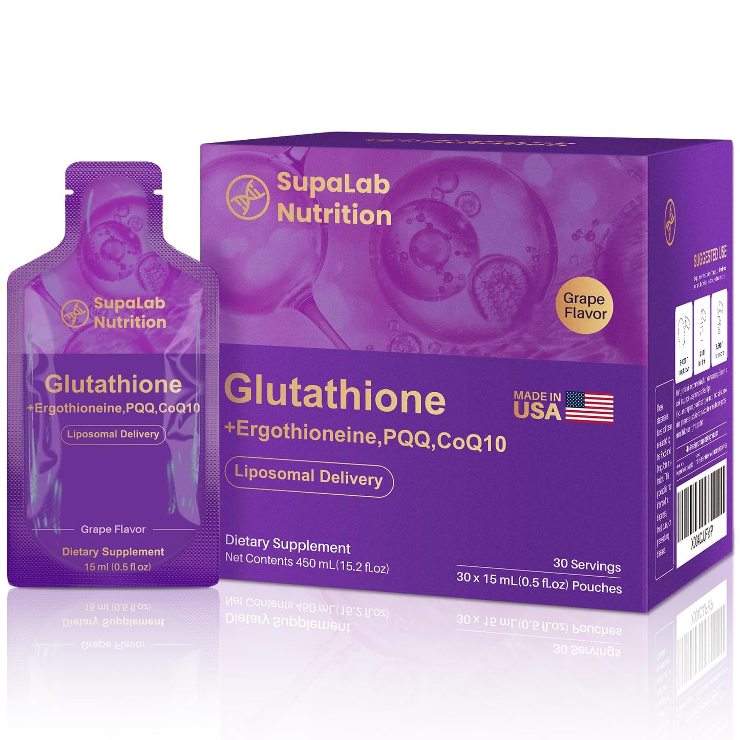 MEGNETA Liposomal Glutathione Supplement – 500mg Glutathione with PQQ, CoQ10 & Vitamin C – High Absorption Antioxidant for Immune & Energy Support – Grape Flavor, 30 Pouch