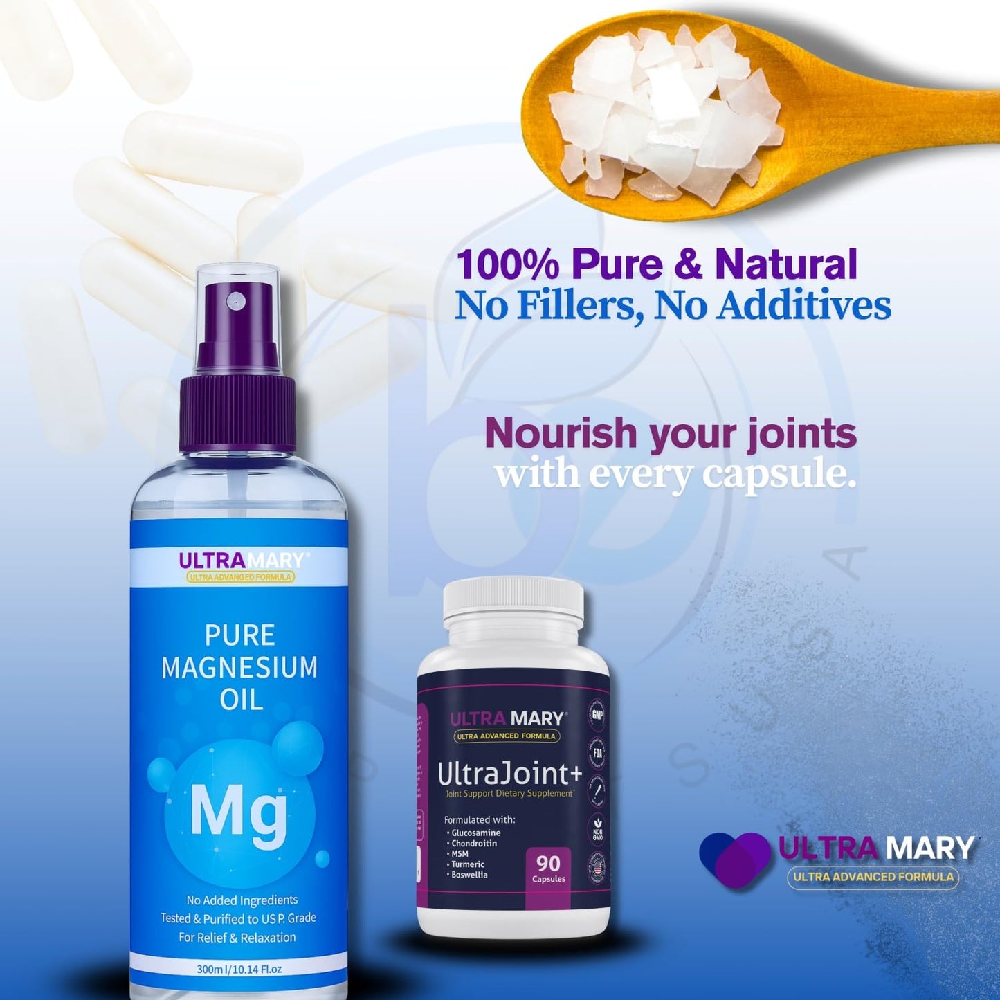 Joint Support UltraMary+(90 Capsules)+Pure Magnesium Oil Spray(300 ml) Combo–Glucosamine 1500mg, Chondroitin, MSM,Turmeric & Boswellia–Mobility, Flexibility & Muscle Relief|Articulaciones & Músculos