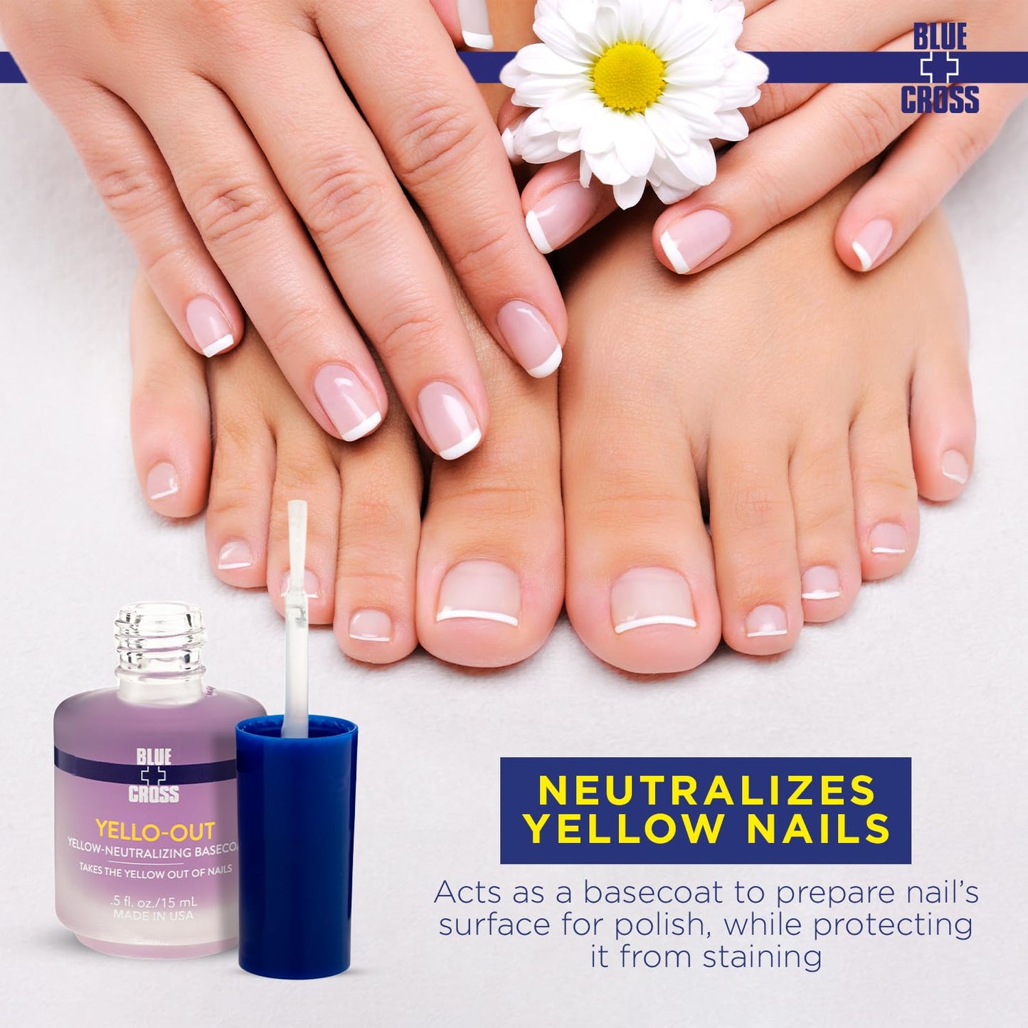 Blue Cross Yello Out, Yellow-Neutralizing Basecoat, Purple Toner for Yellow Nails + Fingernail Polish Color Enhancer, Professional Nail Care, Made in USA, 15mL/0.5fl oz