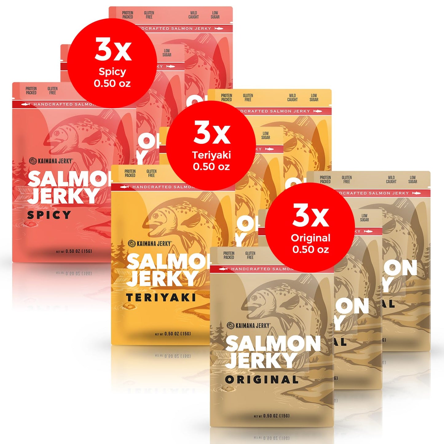 Kaimana Jerky Wild Caught Salmon Jerky - Organic Dried Fish Strips, Rich in Omega-3 & Protein, Low-Calorie, Gluten-Free, Low Sodium & Sugar - Original, Teriyaki & Spicy Flavors - 9 Pack (0.5oz)