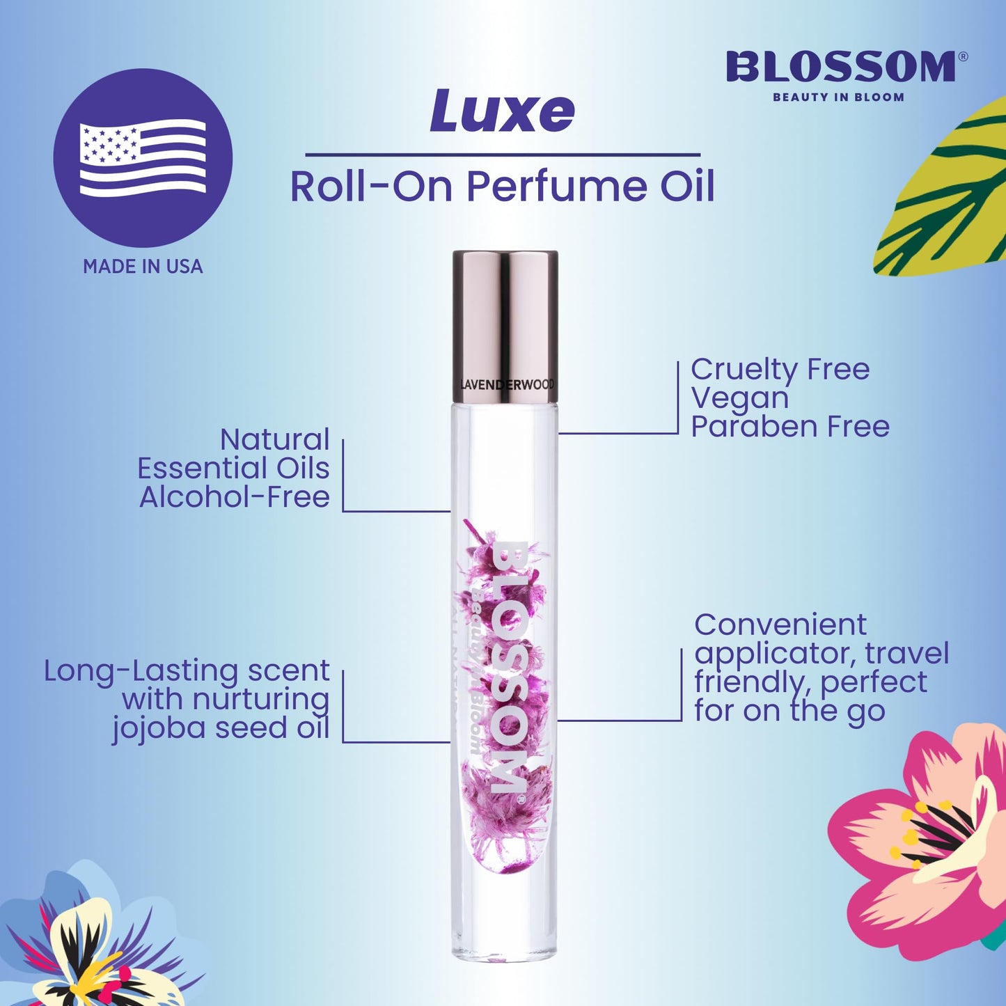 Blossom Roll on Perfume for Women Alcohol Free Rollerball Perfume Oil with Essential Oils, Infused with Real Flowers, Made in USA, 0.20oz (Sandalwood, cedar, Amber, Vetiver), Lavenderwood