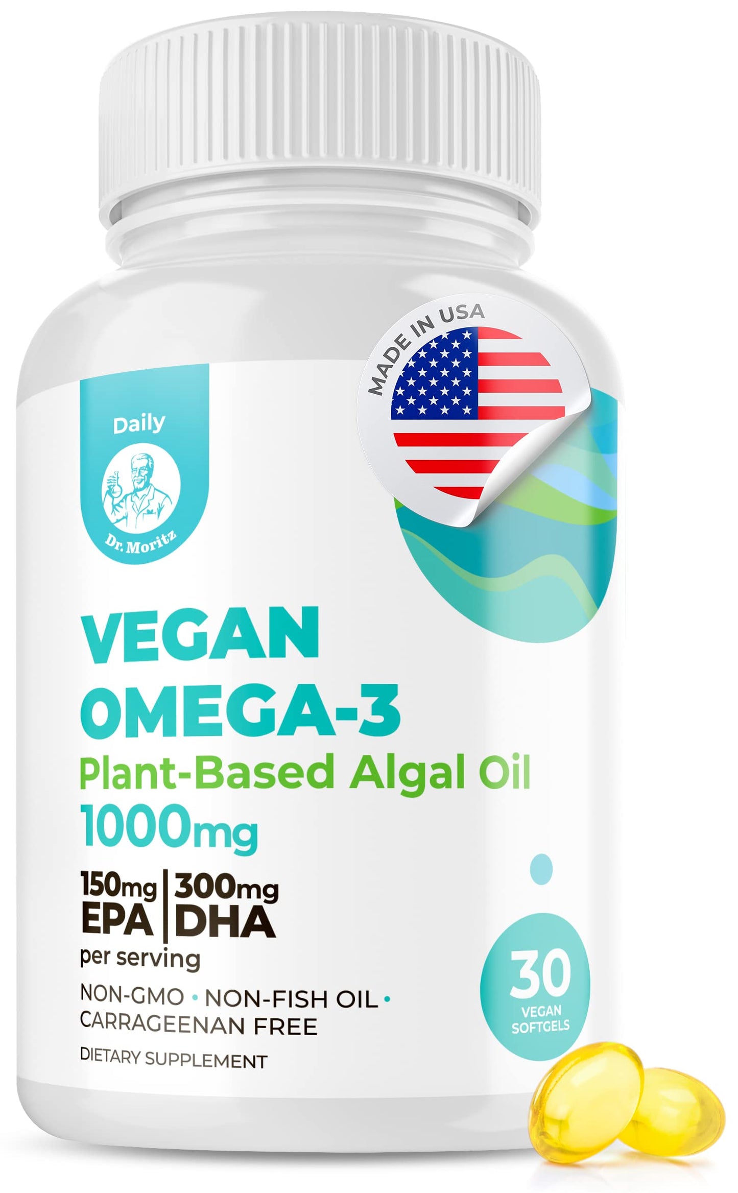 DR. MORITZ Vegan Omega 3 DHA & EPA Supplement - Algae Omega-3 Fatty Acids 1000mg - Fish Oil Alternative for Heart, Brain, Joint, Immune System Support 30 Count(Pack 1)