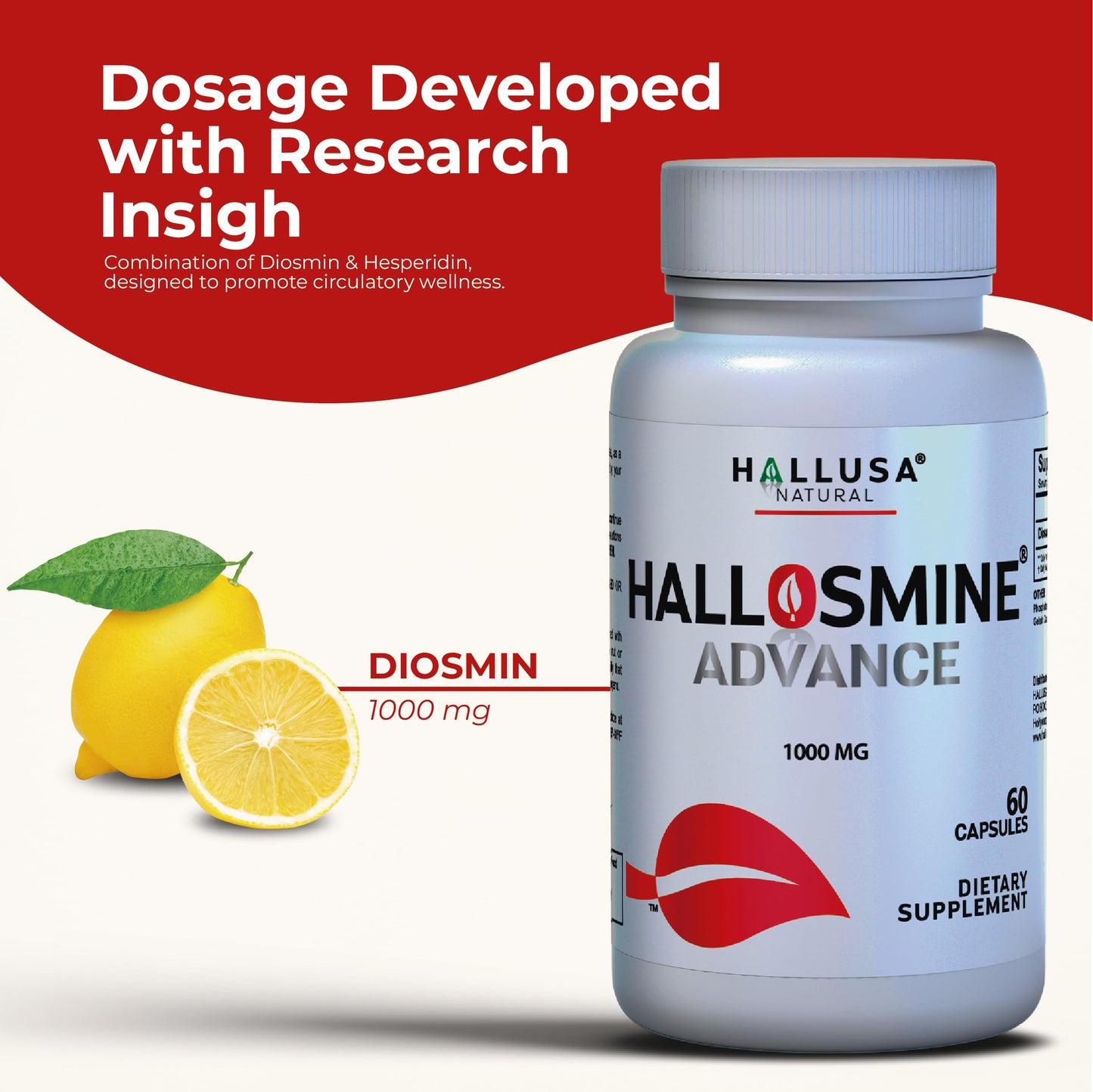 Hallosmine Advance Diosmin 1000mg, Leg Circulation, Heavy Legs, Varicose Veins, Circulatory Supplement, Vein Support & Blood Circulation Supplement - 60 Caps