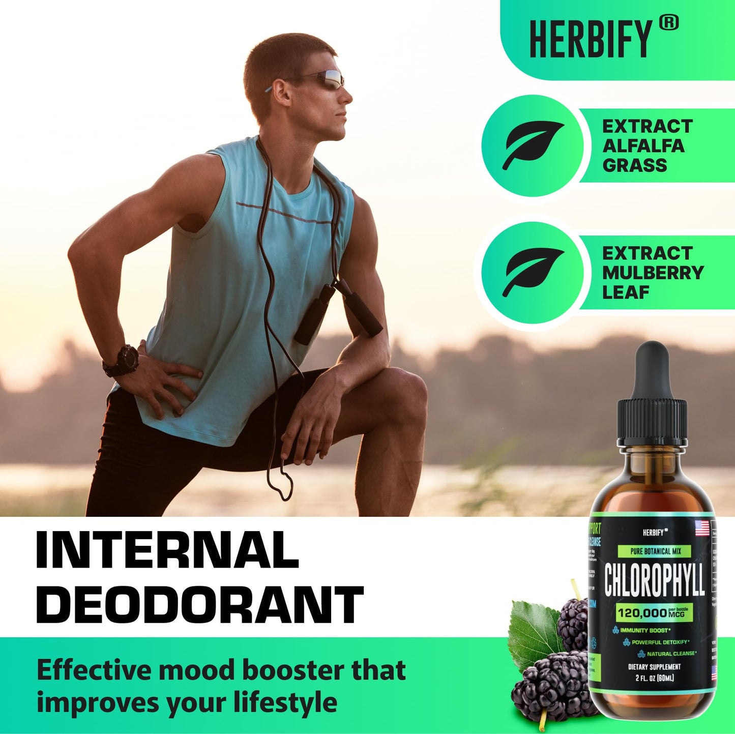 HERBIFY Chlorophyll Drops - Liquid Chlorophyll for Energy Boost & Immune System Support - Made in USA - Chlorophyll Liquid Drops for Body Detox, Internal Deodorant & Enhance Skin - 2 Oz