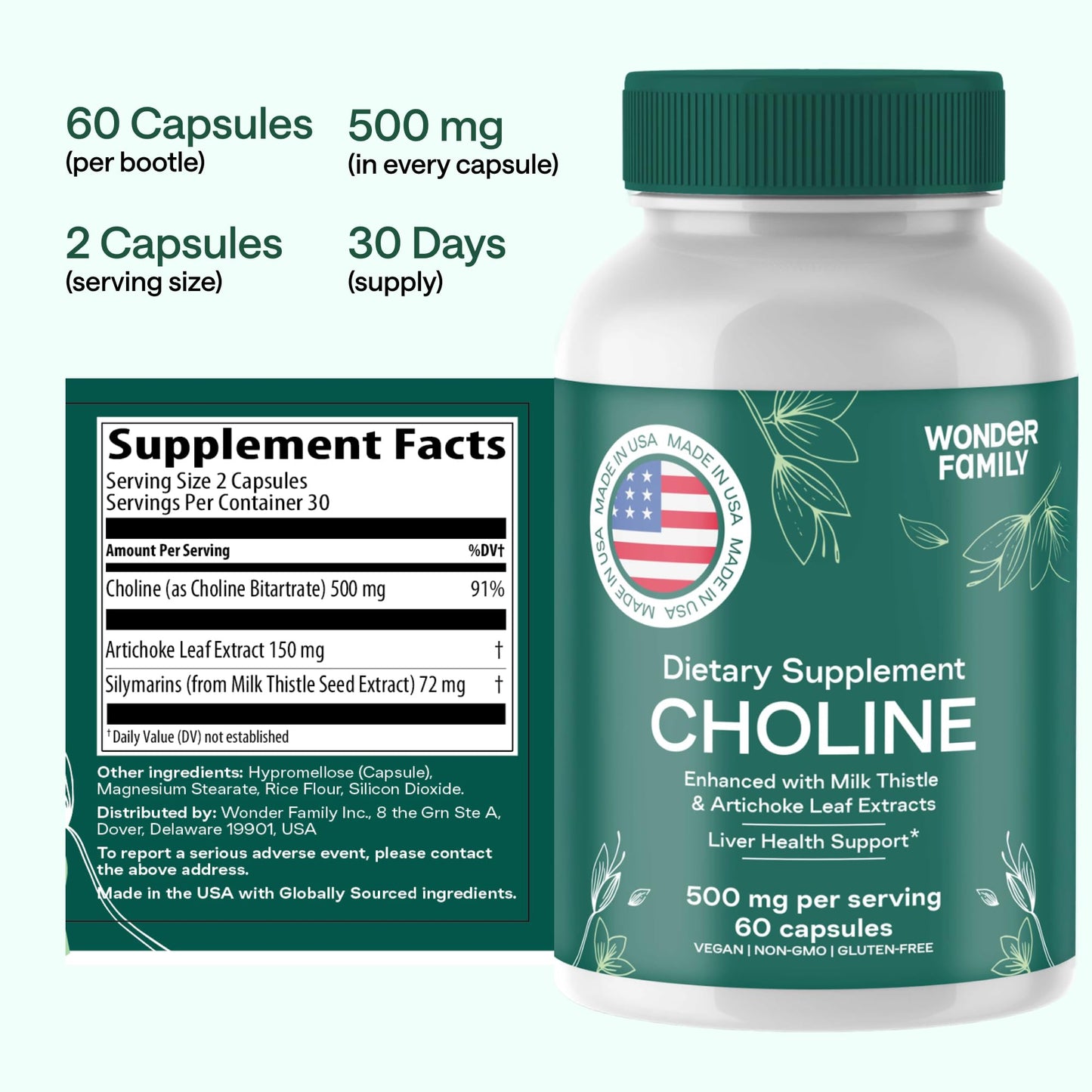 Choline Bitartrate 500MG - Premium Choline Supplements - Liver Support Supplement & Gallbladder Supplements - Colina Suplemento 500 mg Orgánica - Brain Vitamin for Memory and Focus - 60 Choline Caps