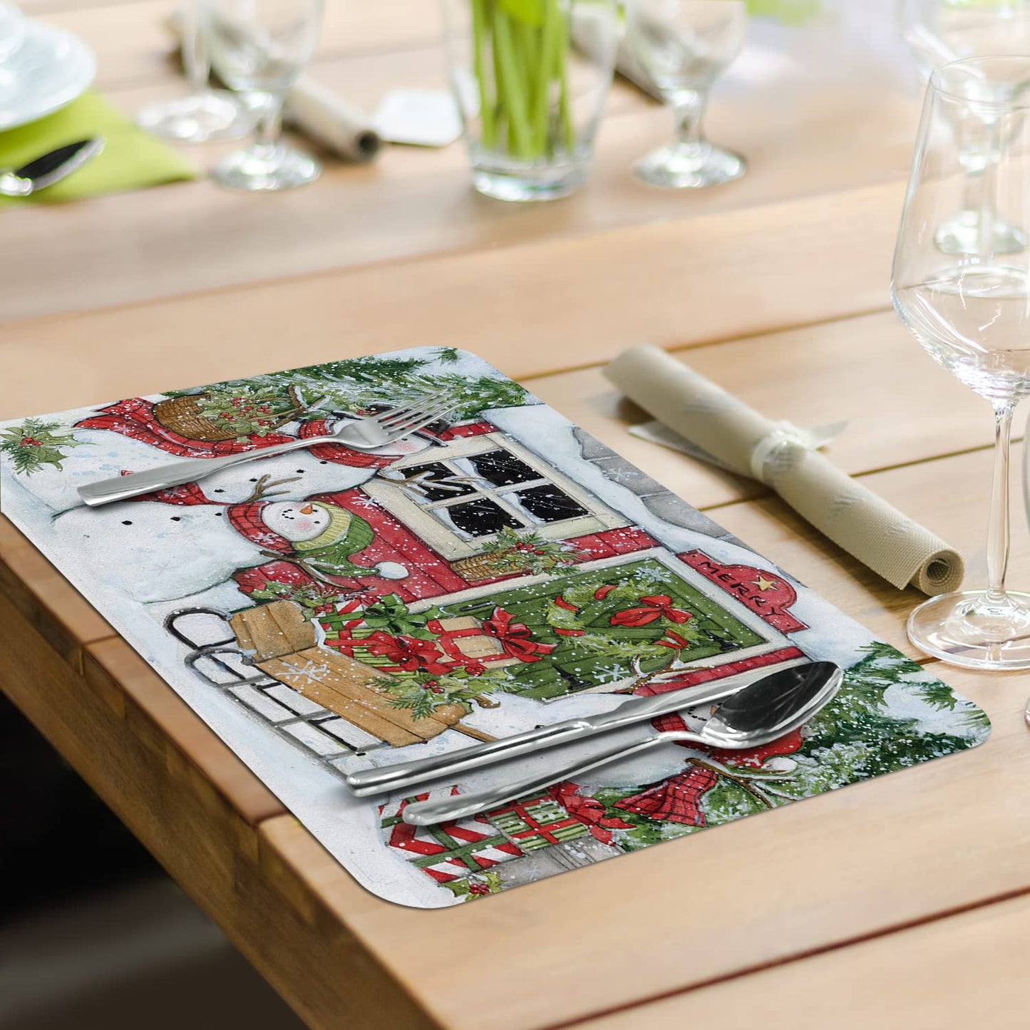 CounterArt Snowman's Farmhouse 4 Pack Reversible Easy Care Placemats Made in The USA BPA PVC Free Flexible Plastic Easily Wipes Clean
