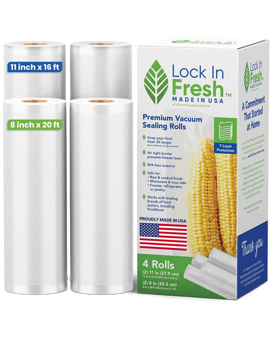 Lock In Fresh Vacuum Sealer Bags for Food Combo Pack, 2 Rolls 11" x 16' + 2 Rolls 8" x 20' - Heavy Duty Food Saver Vacuum Sealer Bag Rolls - Sous Vide, Seal a Meal Bags - Made in the US