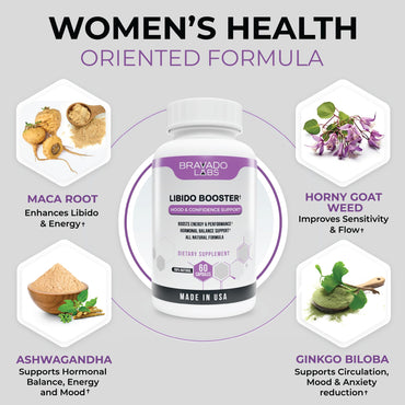 Bravado Labs Libido Enhancer Supplement - Female Libido Booster for Women - Drive, Energy, Mood, Intimacy and Performance Enhancement Pills - with Maca Root, Ashwagandha, Dong Quai - 60 ct